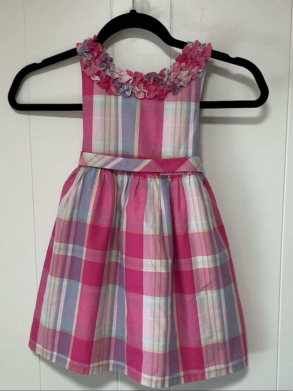 Chaps Pink Plaid Ruffle Neck Dress